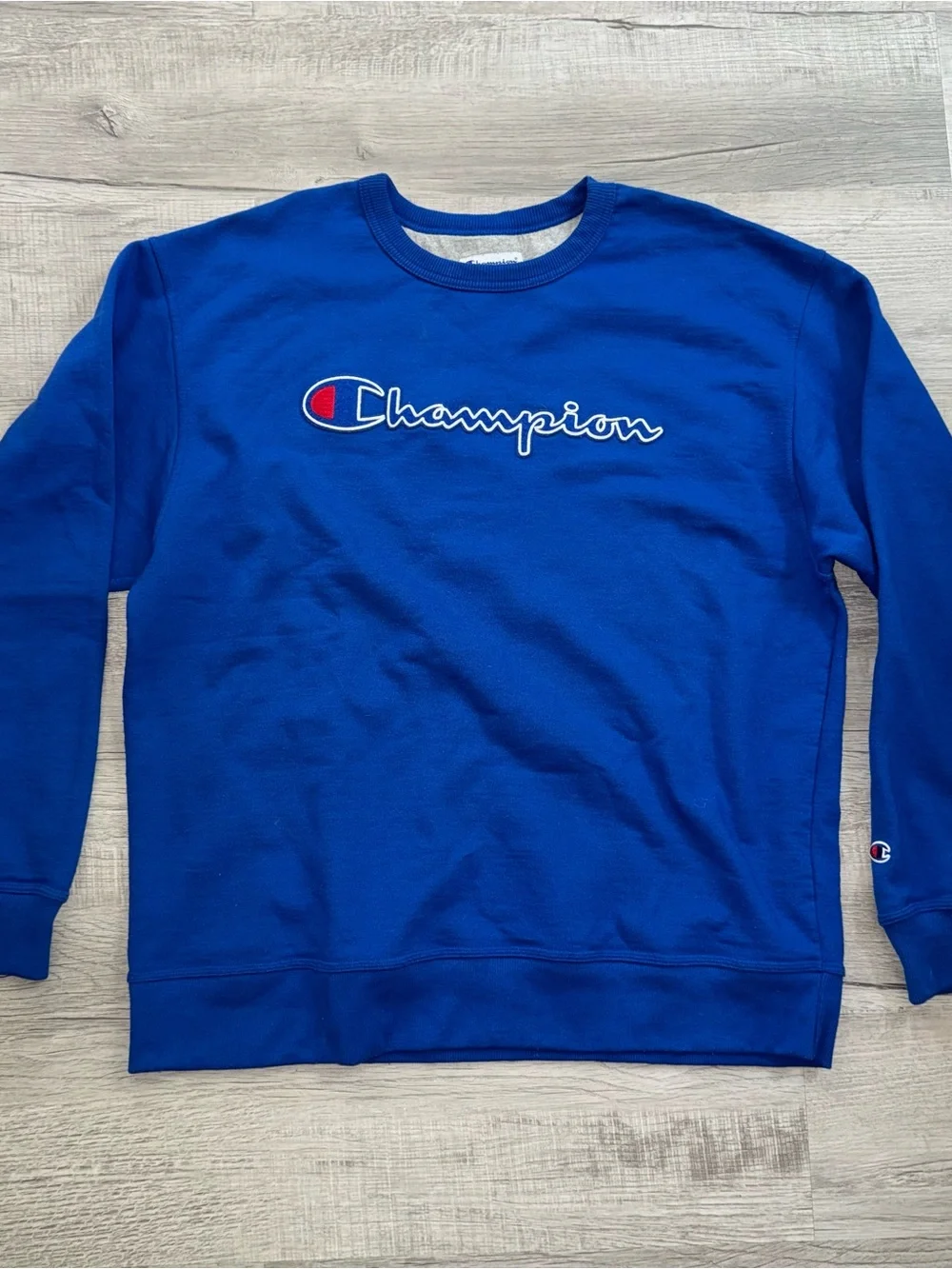Champion Powerblend Fleece Crew Felt Script Logo Chainstitch GF88H Blue Sz XL